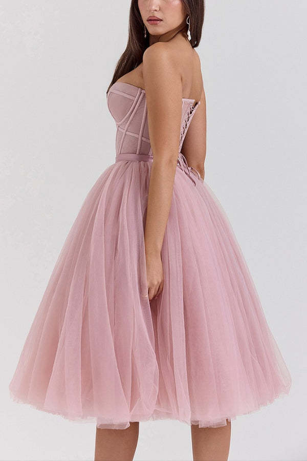 Strapless Corset Design Tulle Bouffant Midi Dresses-Pink Pre Order