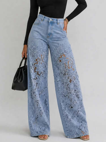 Lace Cut-out Wide-leg Denim Jeans