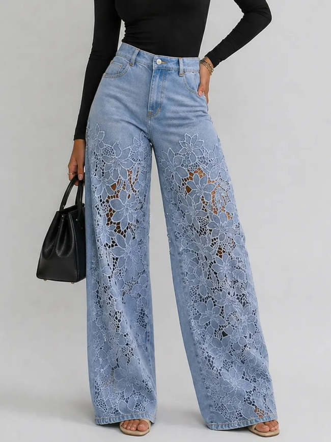 Lace Cut-out Wide-leg Denim Jeans