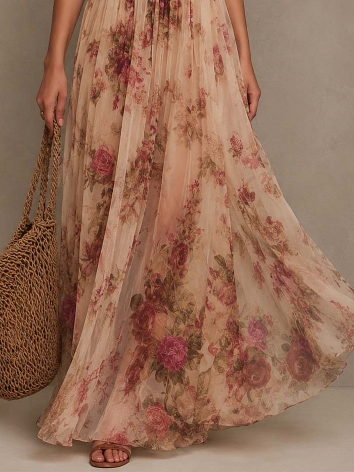 Floral Print Halter Deep V Ruched Waist Flowy Chiffon Maxi Dress