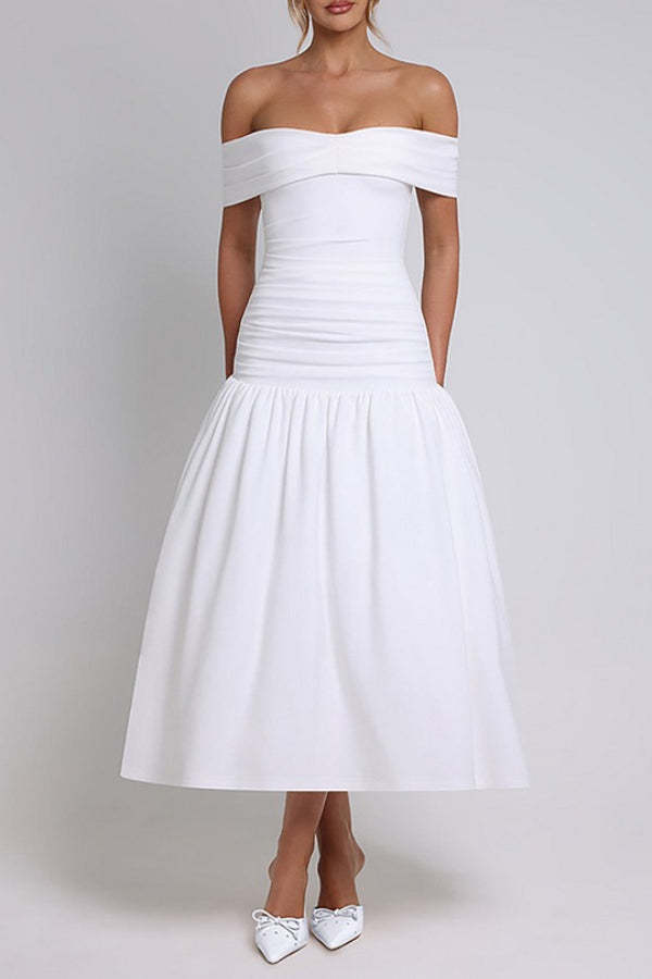 Off Shoulder Draped Sleeve Ruched Slim Fit Midi Bouffant Dresses-White