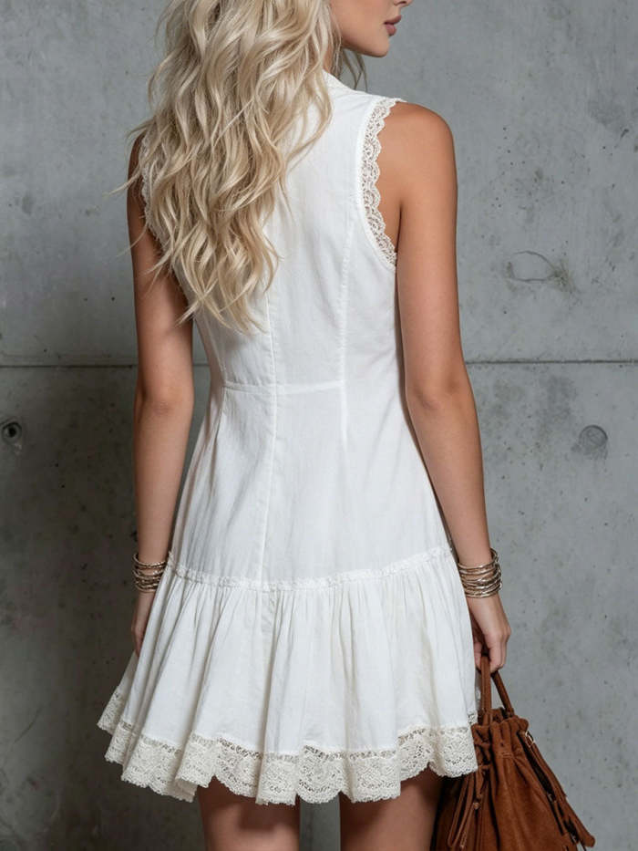 Women's Front Zipper And Lace Trim Retro V-neck White Cotton-linen Dress