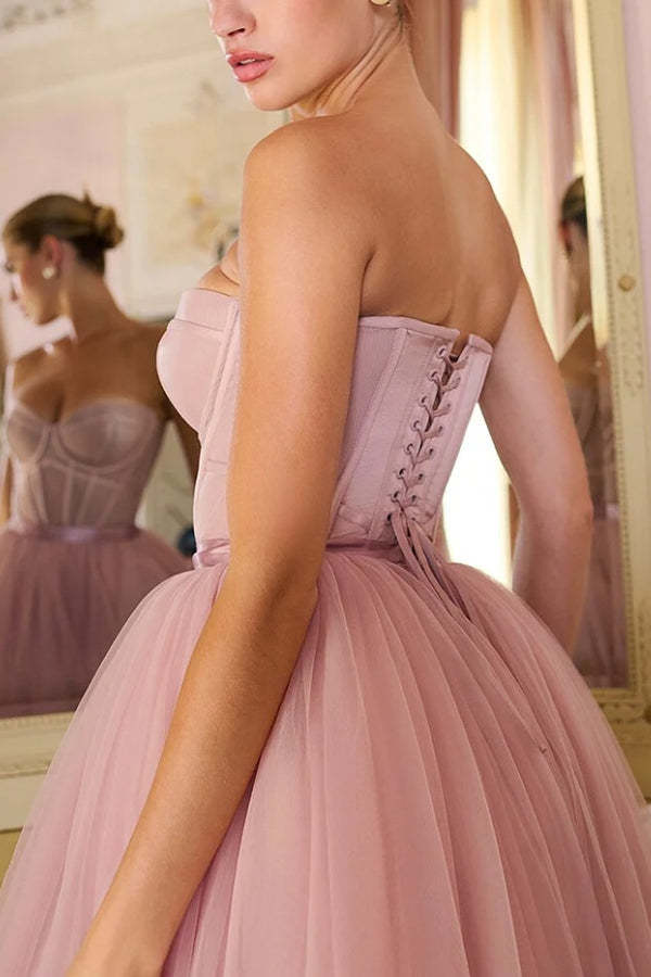 Strapless Corset Design Tulle Bouffant Midi Dresses-Pink Pre Order