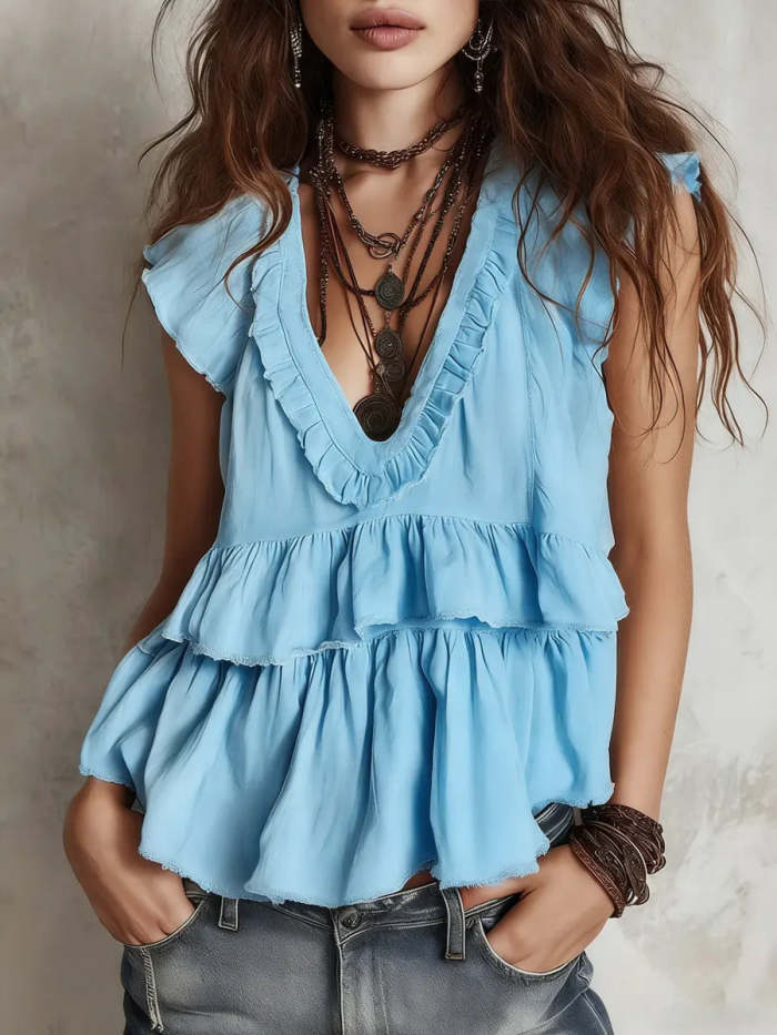 Women's Casual Lace V-neck Cotton And Linen Top