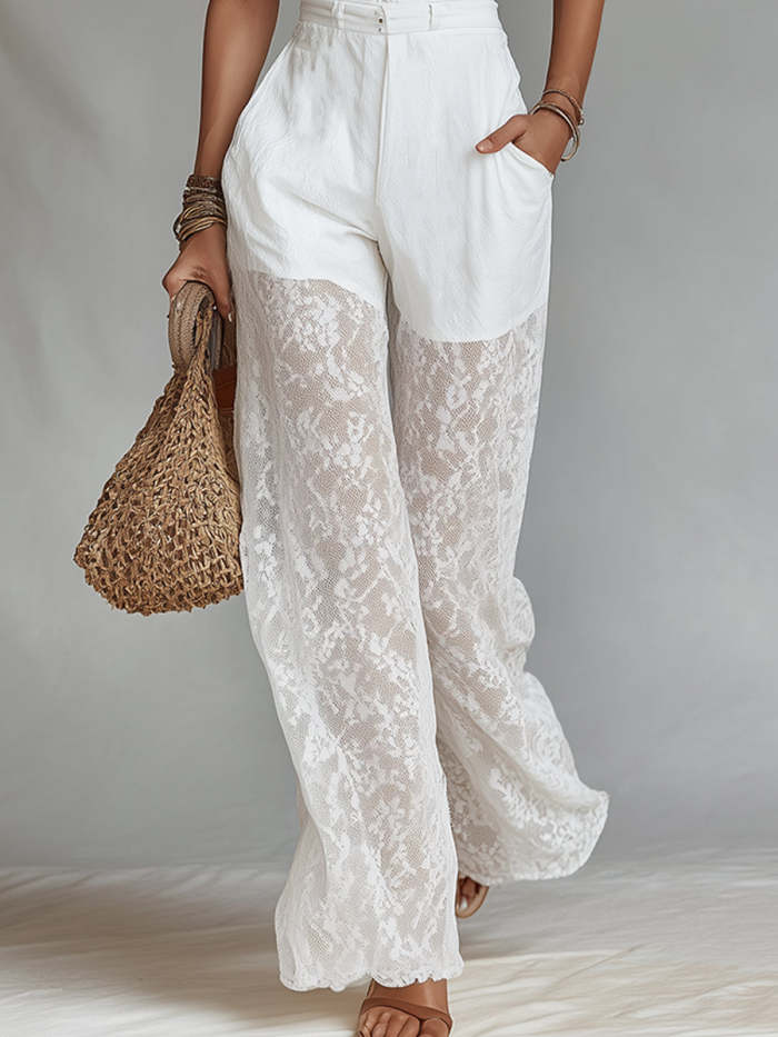 Bohemian-style Set: Lace-trimmed Spaghetti Strap Camisole And Lace-paneled Wide-leg Pants