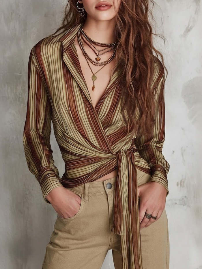 Stylish Casual Striped Lace-up Linen And Cotton Shirt