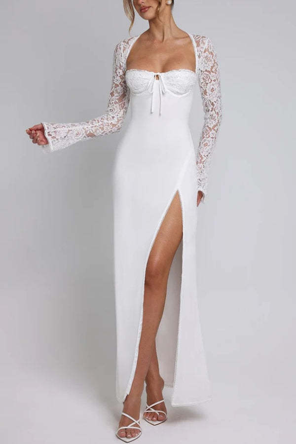 Slim Fit Lace Long Sleeve Spliced Dress Slit Maxi Dress