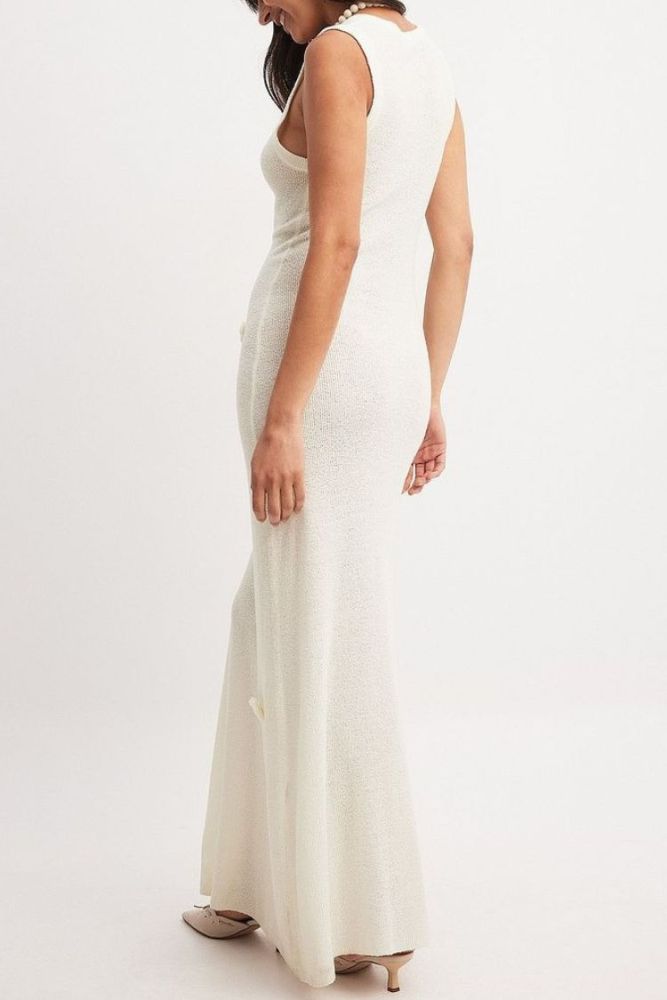 V-neck Suspender 3D Flower Knit Maxi Dress