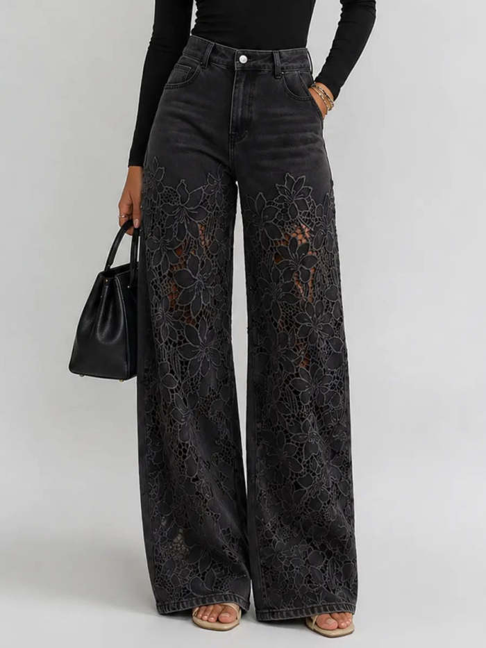 Lace Cut-out Wide-leg Denim Jeans