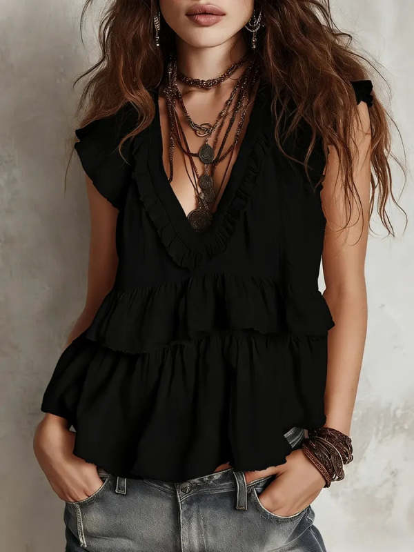 Women's Casual Lace V-neck Cotton And Linen Top