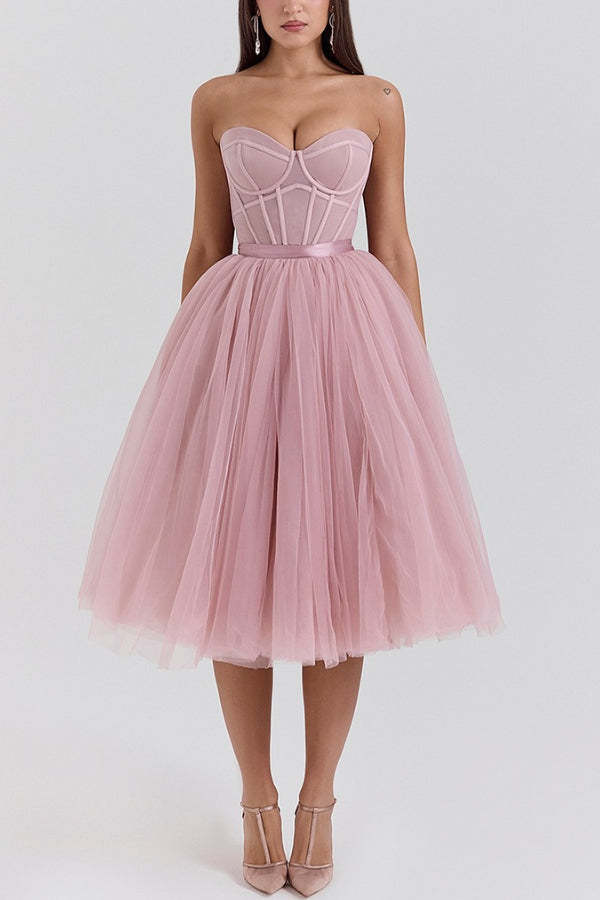 Strapless Corset Design Tulle Bouffant Midi Dresses-Pink Pre Order