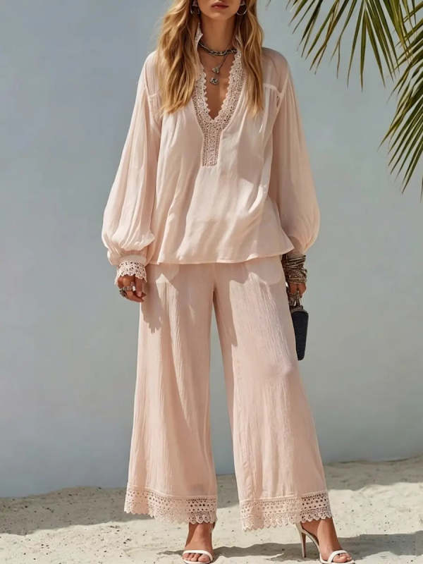 Women's Simple Lace-trim Cotton And Linen Set