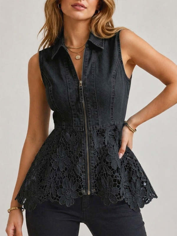 Stylish Spliced lace & Zipper Denim Top