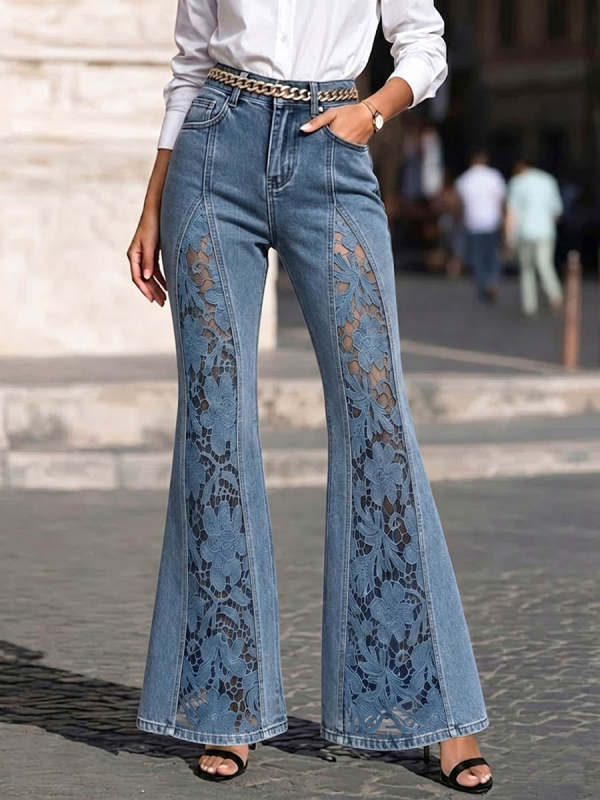 Women's High-waisted Loose-fit Lace-paneled Flared Wide-leg Jeans
