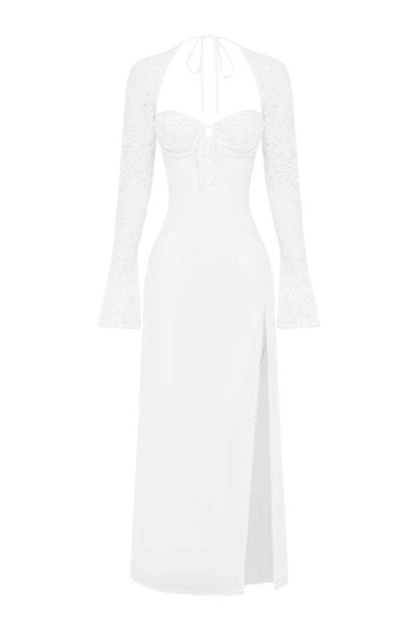 Slim Fit Lace Long Sleeve Spliced Dress Slit Maxi Dress