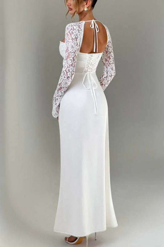 Slim Fit Lace Long Sleeve Spliced Dress Slit Maxi Dress