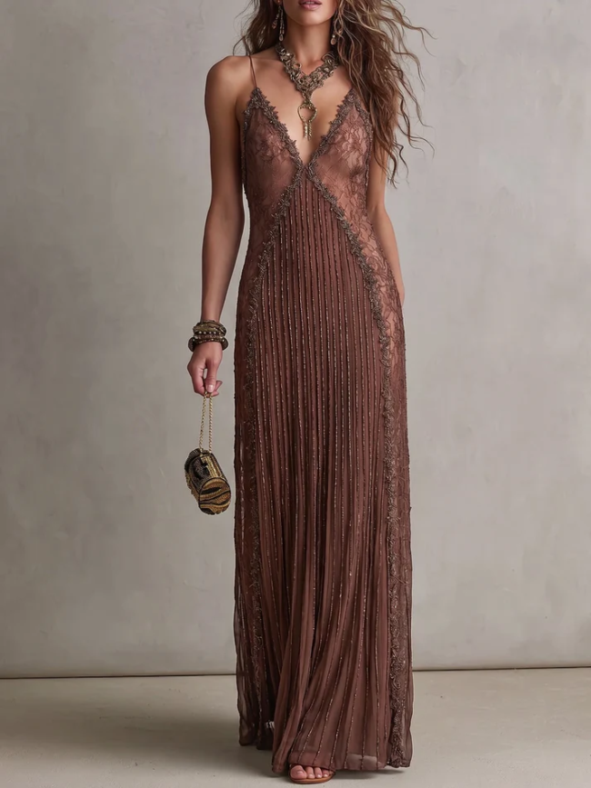 Brown Cami Lace Elegant Maxi Dress