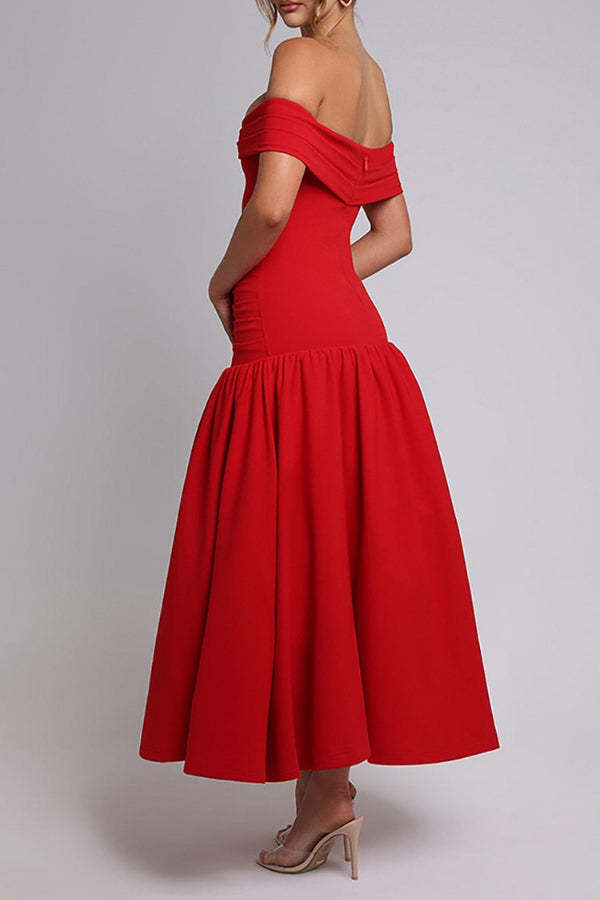 Off Shoulder Draped Sleeve Ruched Slim Fit Midi Bouffant Dresses-White