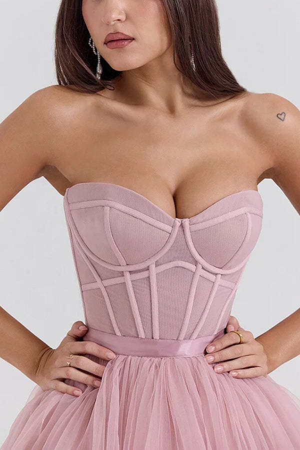 Strapless Corset Design Tulle Bouffant Midi Dresses-Pink Pre Order
