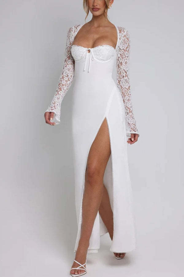 Slim Fit Lace Long Sleeve Spliced Dress Slit Maxi Dress
