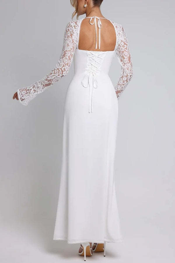 Slim Fit Lace Long Sleeve Spliced Dress Slit Maxi Dress
