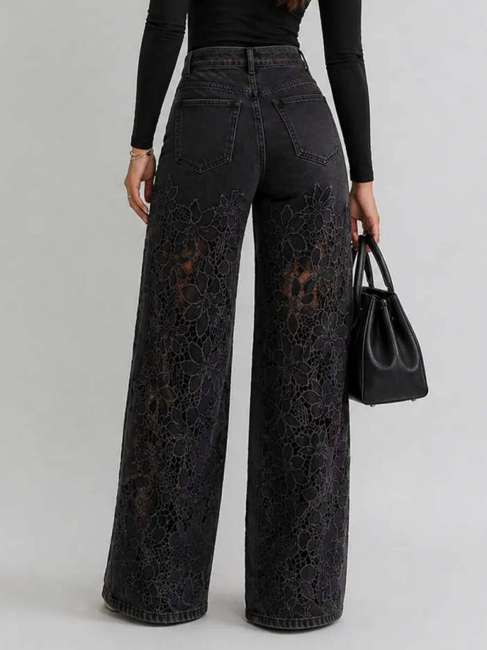 Lace Cut-out Wide-leg Denim Jeans