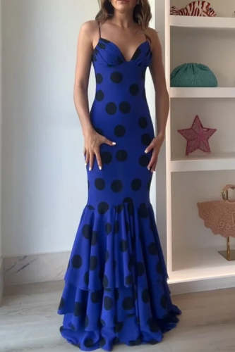 Eliora Mesh Polka Dot Print Gathered Bust Layered Fishtail Hem Maxi Dress