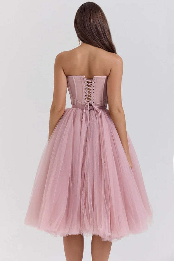 Strapless Corset Design Tulle Bouffant Midi Dresses-Pink Pre Order