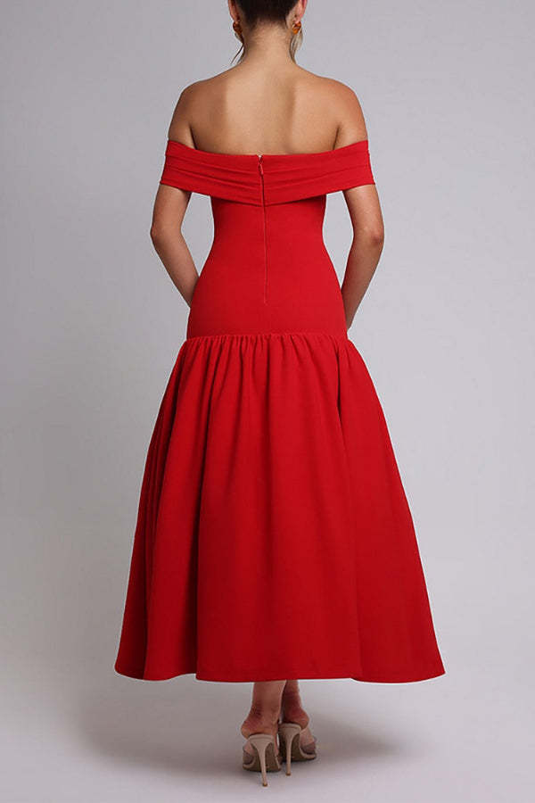 Off Shoulder Draped Sleeve Ruched Slim Fit Midi Bouffant Dresses-White