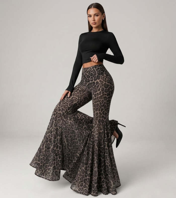 Stylish And Sexy Stretchy Leopard-print Flared Pants