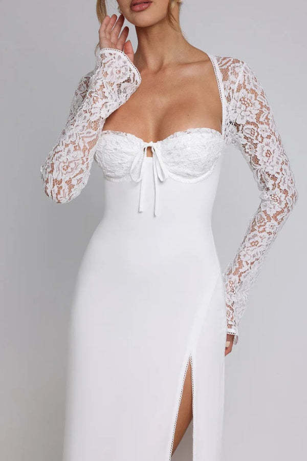 Slim Fit Lace Long Sleeve Spliced Dress Slit Maxi Dress