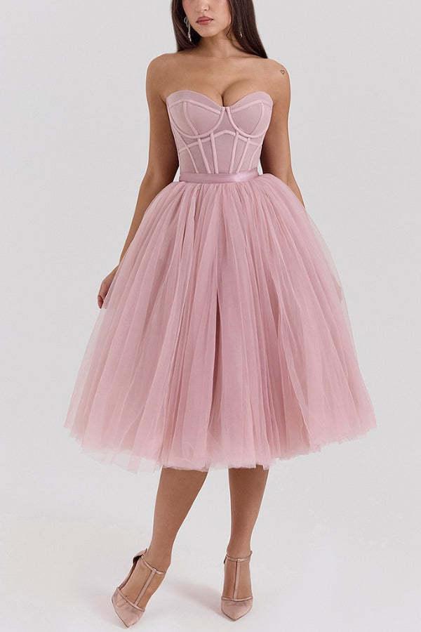 Strapless Corset Design Tulle Bouffant Midi Dresses-Pink Pre Order