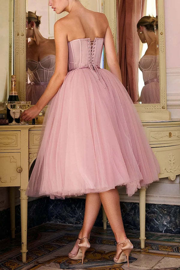 Strapless Corset Design Tulle Bouffant Midi Dresses-Pink Pre Order
