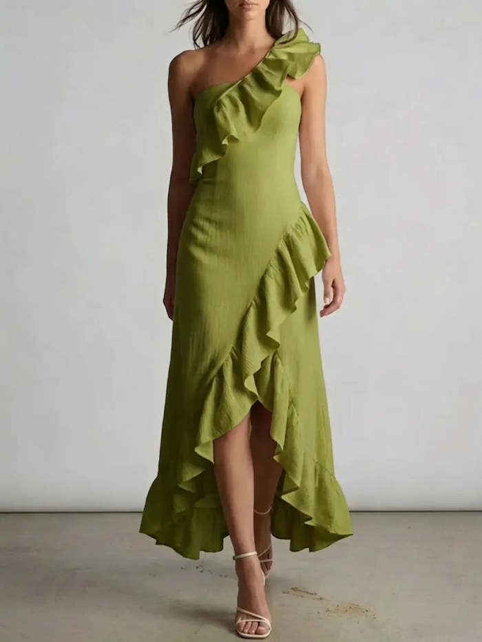 Women's Elegant Lace-trimmed One-shoulder Cotton Linen Dress