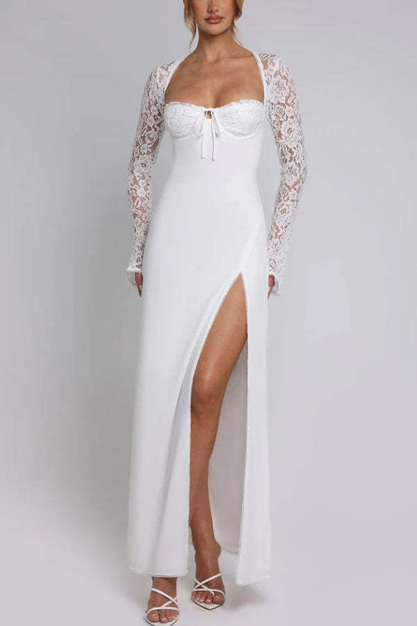 Slim Fit Lace Long Sleeve Spliced Dress Slit Maxi Dress