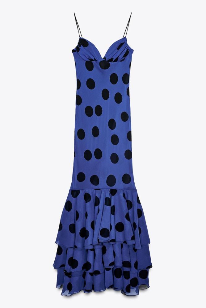 Eliora Mesh Polka Dot Print Gathered Bust Layered Fishtail Hem Maxi Dress