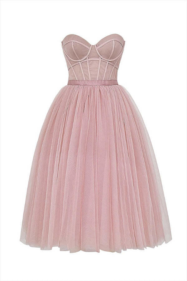 Strapless Corset Design Tulle Bouffant Midi Dresses-Pink Pre Order