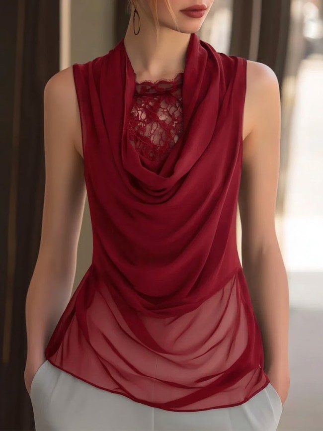 Fashionable And Elegant Patchwork Lace Draped Collar Chiffon Blouse
