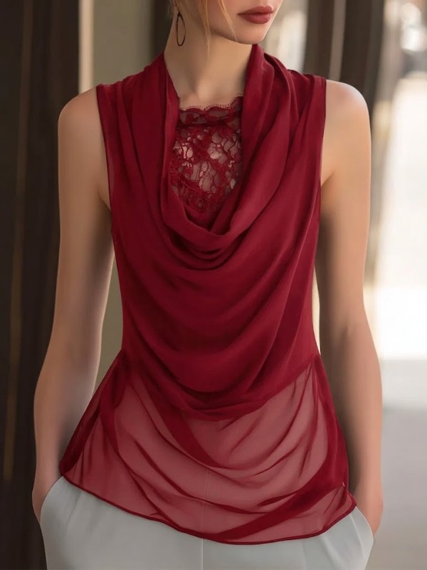 Fashionable And Elegant Patchwork Lace Draped Collar Chiffon Blouse