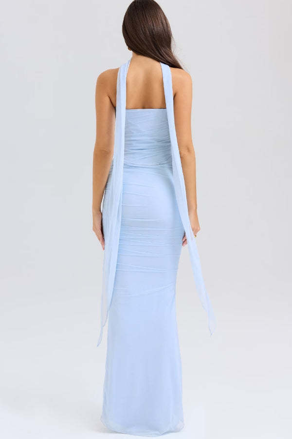 Neck Wrapped Strapless Corset Bodycon Maxi Skirt 2pcs Set-Blue