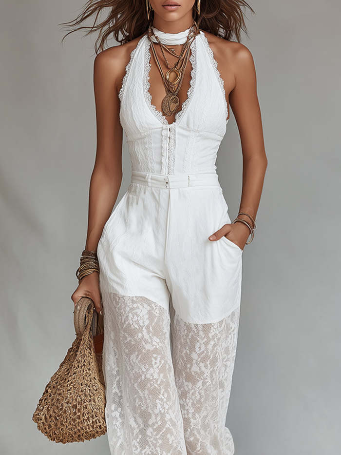 Bohemian-style Set: Lace-trimmed Spaghetti Strap Camisole And Lace-paneled Wide-leg Pants