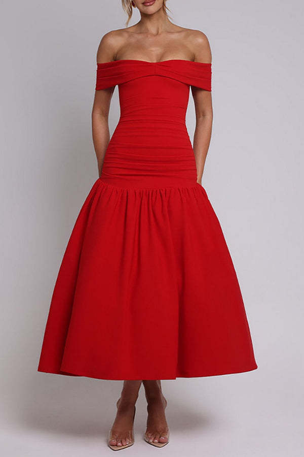 Off Shoulder Draped Sleeve Ruched Slim Fit Midi Bouffant Dresses-White