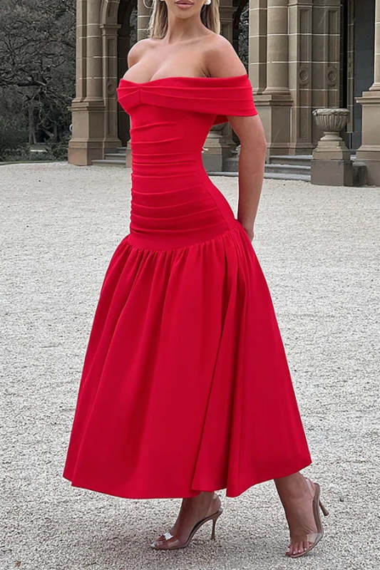 Off Shoulder Draped Sleeve Ruched Slim Fit Midi Bouffant Dresses-White