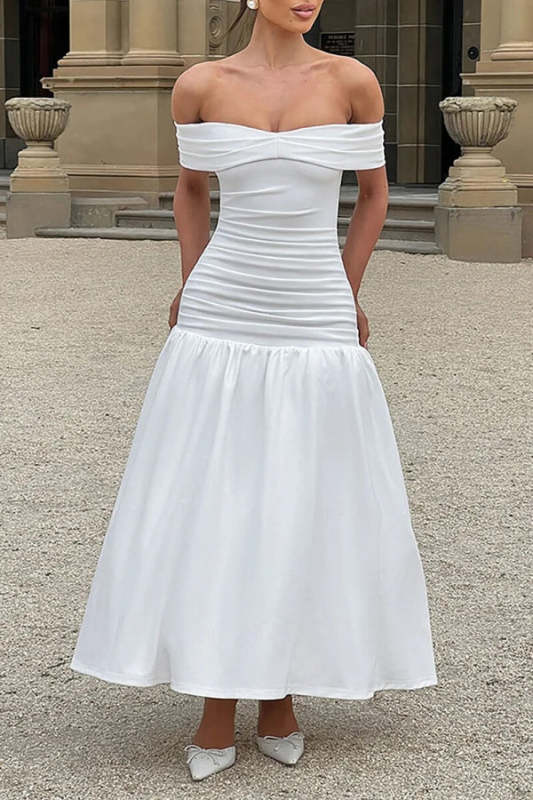 Off Shoulder Draped Sleeve Ruched Slim Fit Midi Bouffant Dresses-White