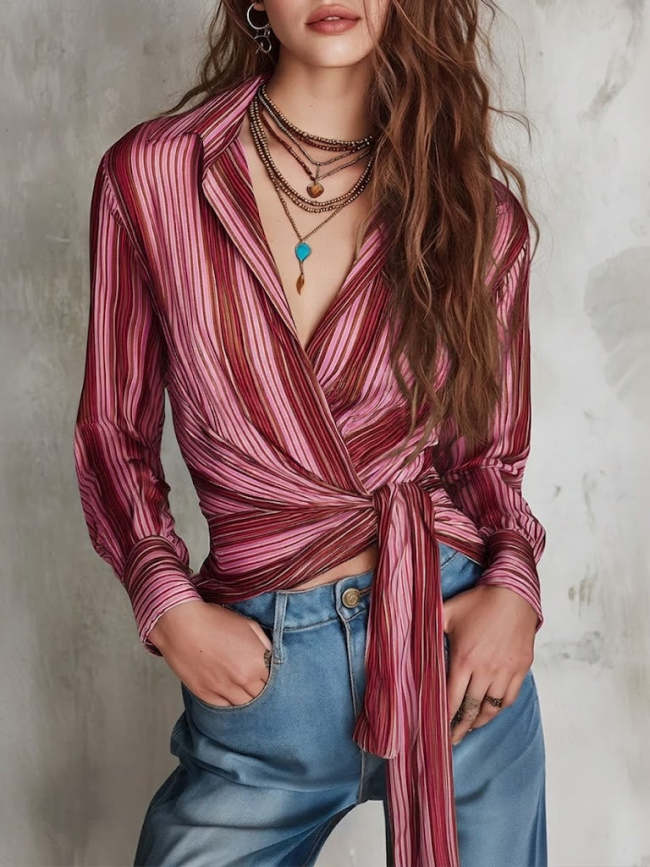 Stylish Casual Striped Lace-up Linen And Cotton Shirt
