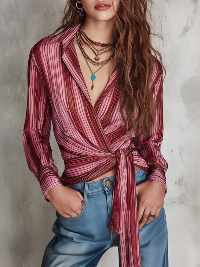 Stylish Casual Striped Lace-up Linen And Cotton Shirt