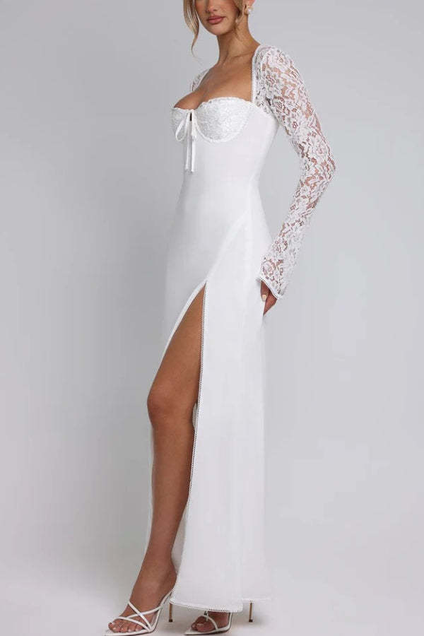 Slim Fit Lace Long Sleeve Spliced Dress Slit Maxi Dress