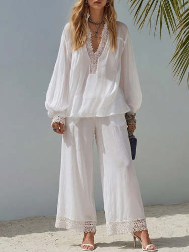 Women's Simple Lace-trim Cotton And Linen Set