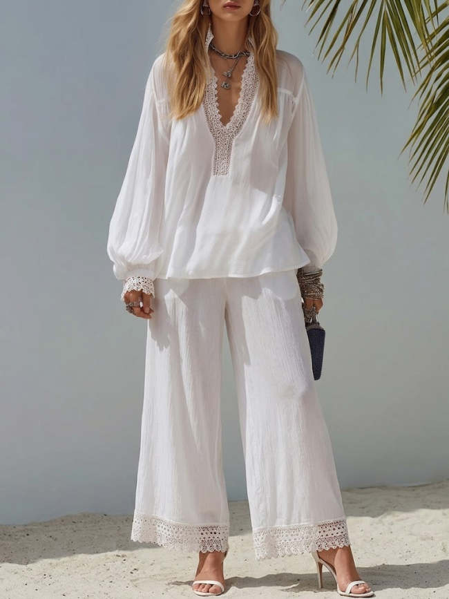 Women's Simple Lace-trim Cotton And Linen Set