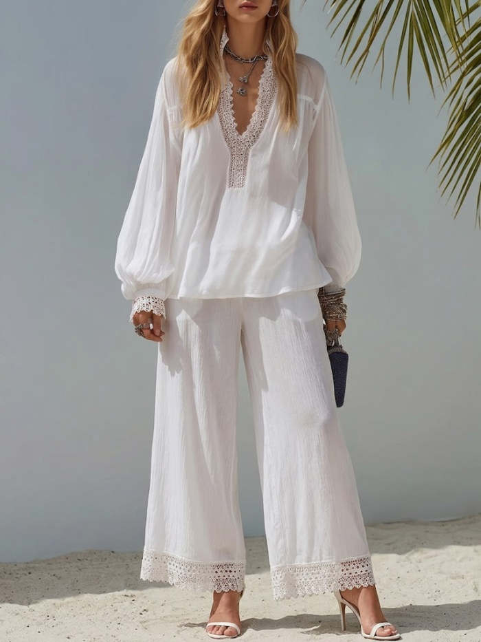Women's Simple Lace-trim Cotton And Linen Set